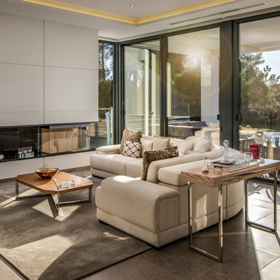Living room - contemporary gray floor living room idea in Geelong with white walls