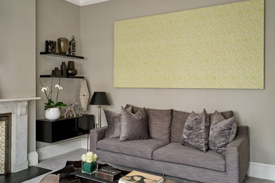 This is an example of a large contemporary enclosed living room in London with grey walls, carpet and grey floors.