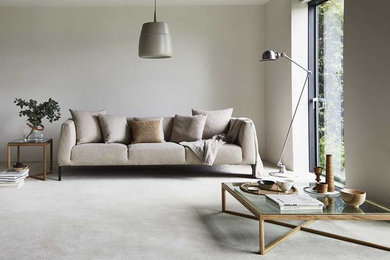 Großes, Offenes Modernes Wohnzimmer mit grauer Wandfarbe, Teppichboden und grauem Boden in Surrey