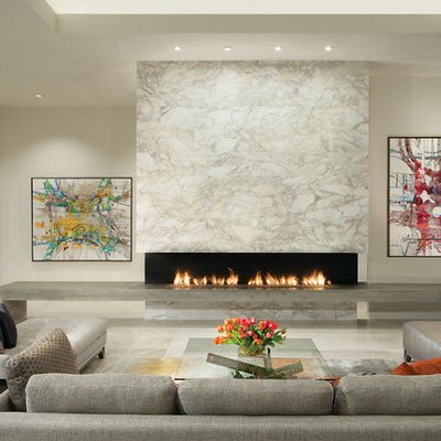 Living room - mid-sized contemporary formal and open concept marble floor and white floor living room idea in Phoenix with white walls, a ribbon fireplace, a stone fireplace and no tv