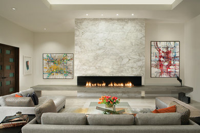 Living room - mid-sized contemporary formal and open concept marble floor and white floor living room idea in Phoenix with white walls, a ribbon fireplace, a stone fireplace and no tv