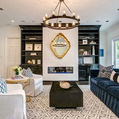Example of a transitional formal and enclosed dark wood floor living room design in Houston with white walls, a ribbon fireplace and no tv