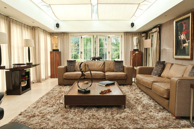 Large classic living room in West Midlands with brown walls, ceramic flooring, no tv and feature lighting.