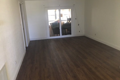 Elegant vinyl floor and brown floor living room photo in Tampa