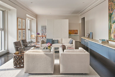 Living room - mid-sized contemporary dark wood floor and brown floor living room idea in Chicago with gray walls