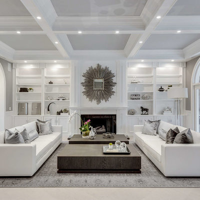 Small transitional formal and open concept concrete floor and beige floor living room photo in Miami with gray walls, a standard fireplace, a tile fireplace and no tv