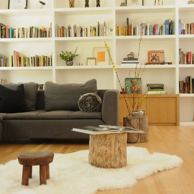 Mid-sized danish open concept light wood floor living room photo in Los Angeles