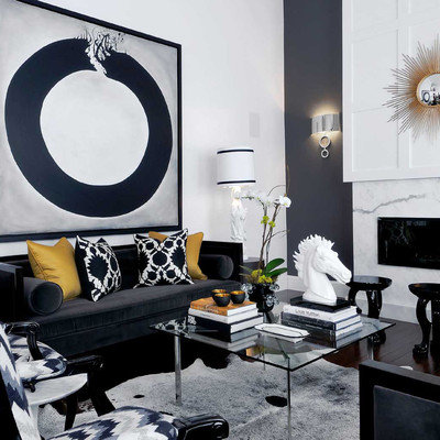 Example of a zen living room design in Other with white walls and a ribbon fireplace