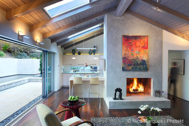 Photo of a medium sized contemporary formal open plan living room in Los Angeles with white walls, dark hardwood flooring, a standard fireplace, a plastered fireplace surround and no tv.