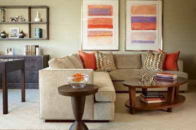 Example of a mid-sized transitional open concept light wood floor living room design in Boston with beige walls and no fireplace