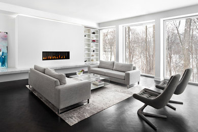 Living room - large contemporary open concept dark wood floor living room idea in Toronto with white walls
