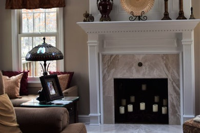 Mid-sized transitional living room photo in Other with a standard fireplace and a tile fireplace