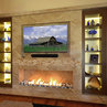 Marble Fireplace/TV wall with Wenge custom frosted glass back lit shelves