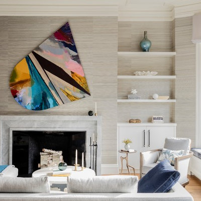 Living room - mid-sized contemporary formal medium tone wood floor living room idea in Boston with gray walls, a standard fireplace and a stone fireplace