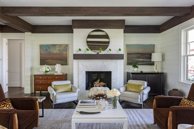 Inspiration for a coastal formal dark wood floor living room remodel in Charleston with white walls, a standard fireplace, a stone fireplace and no tv