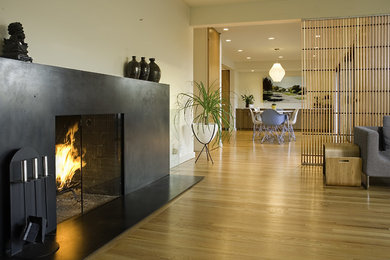 シアトルにあるモダンスタイルのおしゃれなリビング (ベージュの壁、標準型暖炉、金属の暖炉まわり) の写真