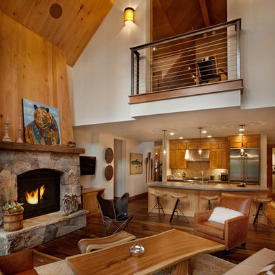 Inspiration for a mid-sized contemporary open concept medium tone wood floor living room remodel in San Francisco with a standard fireplace, a stone fireplace and beige walls