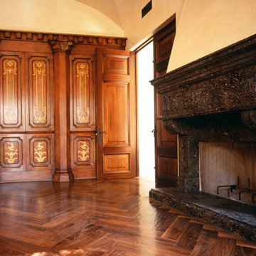 Master Bedroom in Tuscan Villa With Wide Plank, Hand-scraped Walnut in a Herring