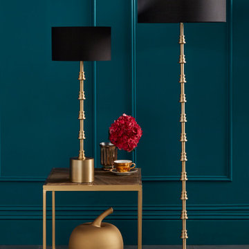 Matching Floor and Table Lamp with Dark Blue Walls
