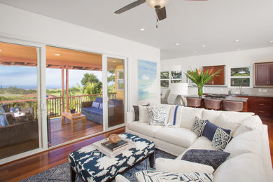 Living room - small coastal open concept dark wood floor living room idea in Hawaii