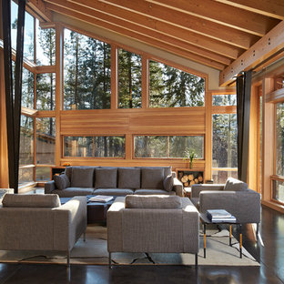 Inspiration for a large contemporary open concept and formal concrete floor living room remodel in Seattle with a standard fireplace and a stone fireplace