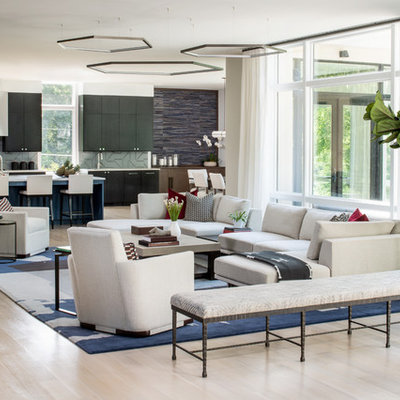 Inspiration for a contemporary formal and open concept light wood floor living room remodel in DC Metro with white walls