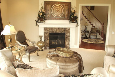 Example of a large transitional formal and enclosed carpeted living room design in Portland with beige walls, a standard fireplace and a stone fireplace