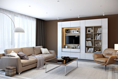Modelo de salón para visitas abierto minimalista de tamaño medio con paredes beige, suelo de madera oscura y pared multimedia
