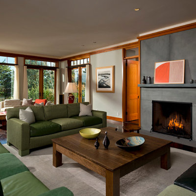 Large transitional formal and enclosed dark wood floor living room photo in New York with gray walls, a standard fireplace and a tile fireplace
