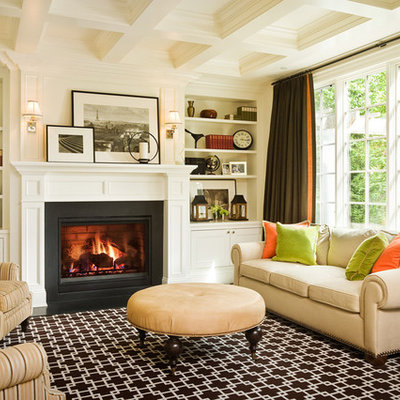 Inspiration for a timeless living room remodel in Seattle with white walls, a standard fireplace and no tv