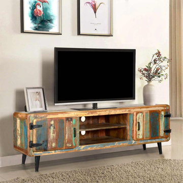 Medway Retro Reclaimed Wood Large Media Console w Center Shelves