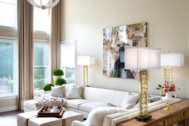 Inspiration for a transitional dark wood floor and brown floor living room remodel in New York with beige walls