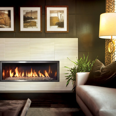 Inspiration for a large contemporary formal and open concept living room remodel in Other with beige walls, a ribbon fireplace, a tile fireplace and no tv