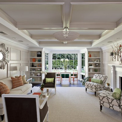 Inspiration for a large contemporary formal and enclosed dark wood floor living room remodel in San Francisco with beige walls, a standard fireplace, a stone fireplace and no tv