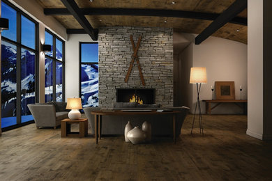 Cette image montre un grand salon design ouvert avec une salle de réception, un mur blanc, parquet foncé, une cheminée standard, un manteau de cheminée en pierre et un sol marron.