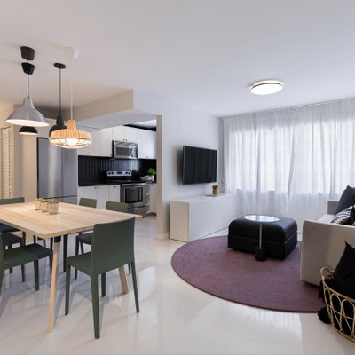 Example of a small trendy open concept porcelain tile and beige floor living room design in Miami with white walls and a wall-mounted tv