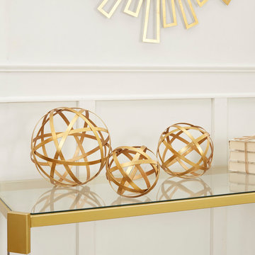 Metal Golden Band Decorative Spheres, 3-Piece Set