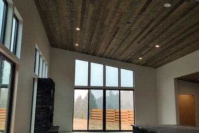 Foto de salón abierto contemporáneo con paredes blancas, suelo de cemento, suelo gris y madera