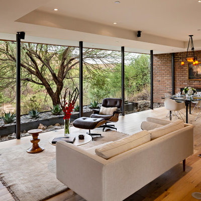 Example of a mid-century modern medium tone wood floor living room design in Phoenix with a wood stove and no tv