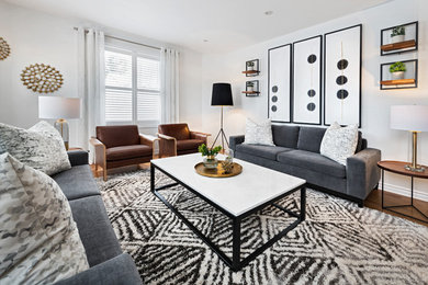 This is an example of a medium sized retro open plan living room in Ottawa with grey walls, medium hardwood flooring, a wall mounted tv and brown floors.