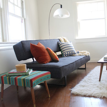 Mid Century Modern Arc Lamp and Mexican Blanket Ottoman
