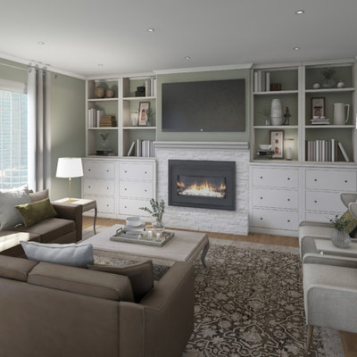 Example of a mid-sized mid-century modern open concept light wood floor and brown floor living room design in Boston with green walls, a standard fireplace, a stone fireplace and a wall-mounted tv