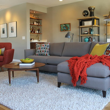 Mid Century Modern Living Room with Bookcases and White Shag Rug