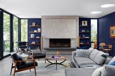 Inspiration for a 1960s open concept gray floor living room remodel in San Francisco with blue walls and a standard fireplace