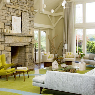 Huge 1950s living room photo in New York with beige walls, a standard fireplace and a stone fireplace