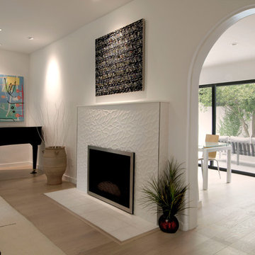 Midcentury modern fireplace with textured tile
