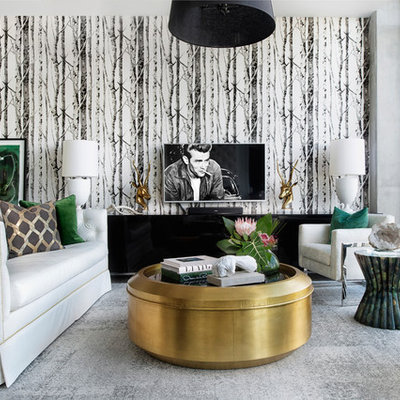Example of a trendy carpeted and gray floor living room design in Atlanta with multicolored walls and a wall-mounted tv
