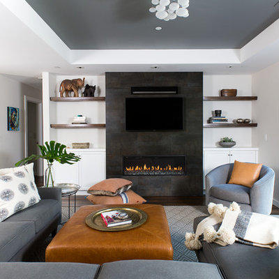Living room - mid-sized transitional open concept dark wood floor and brown floor living room idea in San Francisco with gray walls, a ribbon fireplace, a tile fireplace and a wall-mounted tv