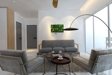Foto di un soggiorno minimal di medie dimensioni e chiuso con libreria, pareti bianche, pavimento con piastrelle in ceramica e pavimento grigio