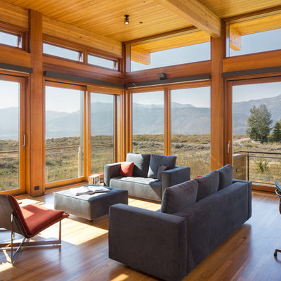 Minimalist open concept medium tone wood floor living room photo in Denver